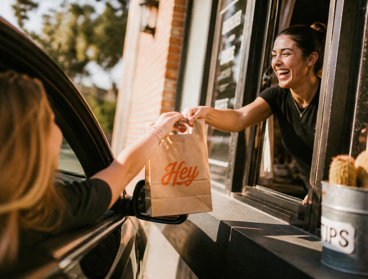 A group of small business owners gathered around a table with Hey-branded coffee mugs — the HeyThere community